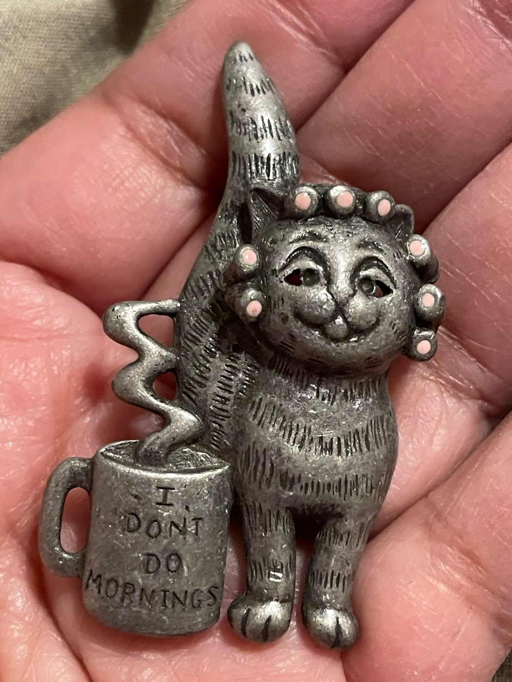 Whimsical Silver Cat Brooch with Pink Curlers